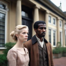 A sad blonde woman and a brown-skinned man standing together in front of Dutch colonial buildings