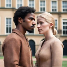 A sad blonde woman and a brown-skinned man standing together in front of Dutch colonial buildings