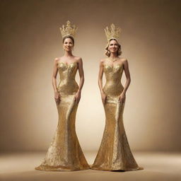 A golden 3D rendering of Mr. and Ms. Pageant winners. They stand back-to-back on a grand stage, their victorious pose immortalized in a dazzling gold hue representing their triumph.