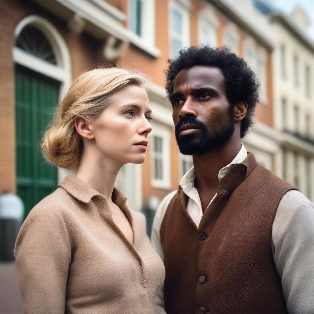 A sad blonde woman and a brown-skinned man standing together in front of Dutch colonial buildings