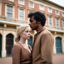 A sad blonde woman and a brown-skinned man standing together in front of Dutch colonial buildings