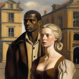 An oil painting of a sad blonde woman and a brown-skinned man standing together in front of Dutch colonial buildings