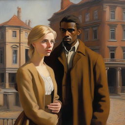 An oil painting of a sad blonde woman and a brown-skinned man standing together in front of Dutch colonial buildings