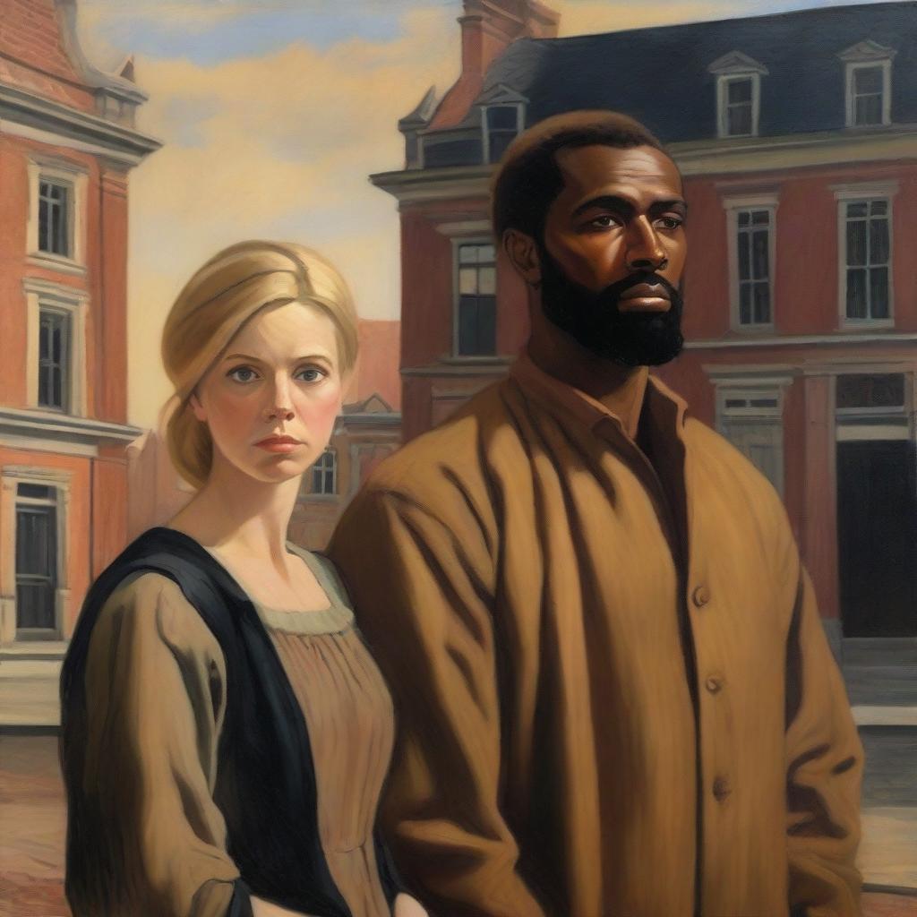 An oil painting of a sad blonde woman and a brown-skinned man standing together in front of Dutch colonial buildings