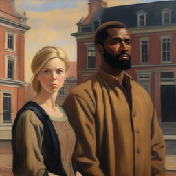 An oil painting of a sad blonde woman and a brown-skinned man standing together in front of Dutch colonial buildings