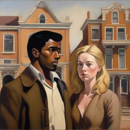 An oil painting of a sad blonde woman and a brown-skinned man standing together in front of Dutch colonial buildings