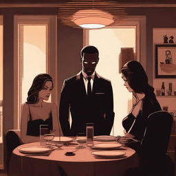 A couple sitting at a dining table with their lover standing beside them