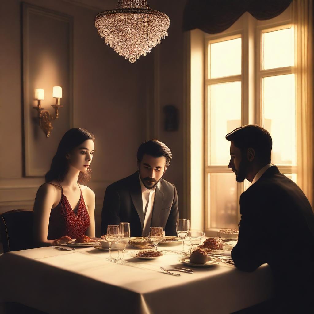 A couple sitting at a dining table with their lover standing beside them