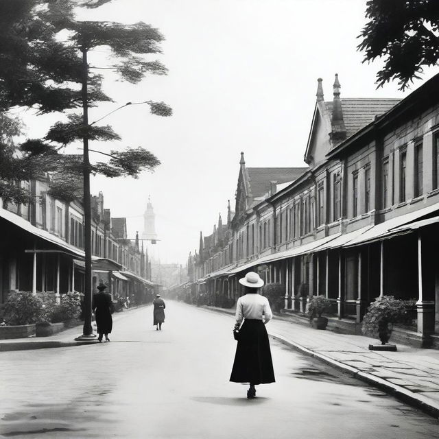 Depict a street scene in 1930s Batavia with prominent Dutch colonial architecture