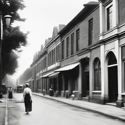 Depict a street scene in 1930s Batavia with prominent Dutch colonial architecture