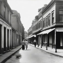 Depict a street scene in 1930s Batavia with prominent Dutch colonial architecture