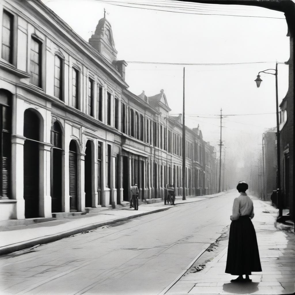 Depict a street scene in 1930s Batavia with prominent Dutch colonial architecture