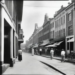 Depict a street scene in 1930s Batavia with prominent Dutch colonial architecture