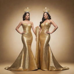 A golden 3D rendering of Mr. and Ms. Pageant winners. They stand back-to-back on a grand stage, their victorious pose immortalized in a dazzling gold hue representing their triumph.