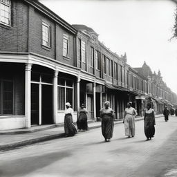 Depict a street scene in 1930s Batavia with prominent Dutch colonial architecture