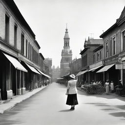 Depict a street scene in 1930s Batavia with prominent Dutch colonial architecture