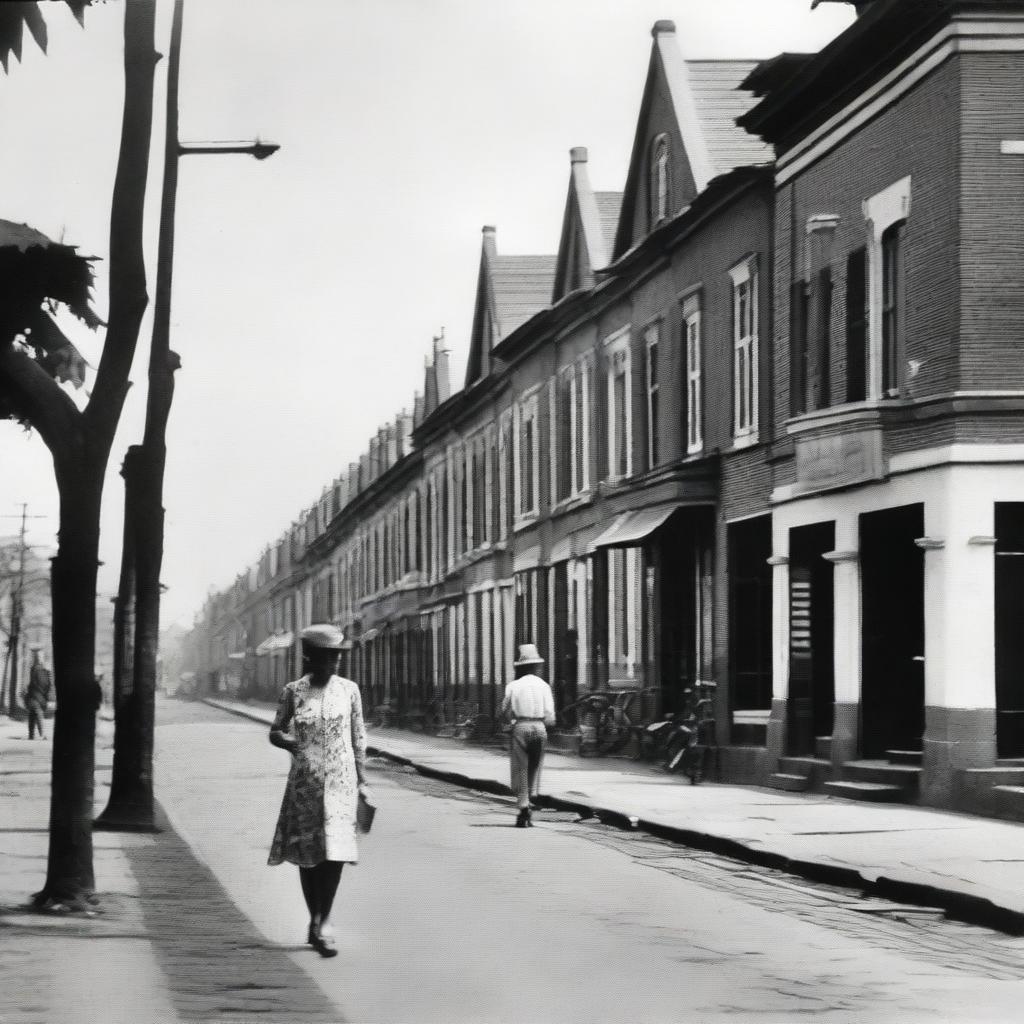 Depict a street scene in 1930s Batavia with prominent Dutch colonial architecture