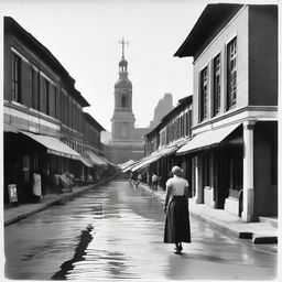 Depict a street scene in 1930s Batavia with prominent Dutch colonial architecture