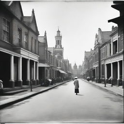 Depict a street scene in 1930s Batavia with prominent Dutch colonial architecture