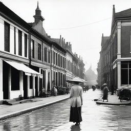 Depict a street scene in 1930s Batavia with prominent Dutch colonial architecture