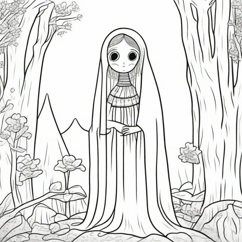 A simple line drawing of the character La Llorona, designed in a way that is suitable for children