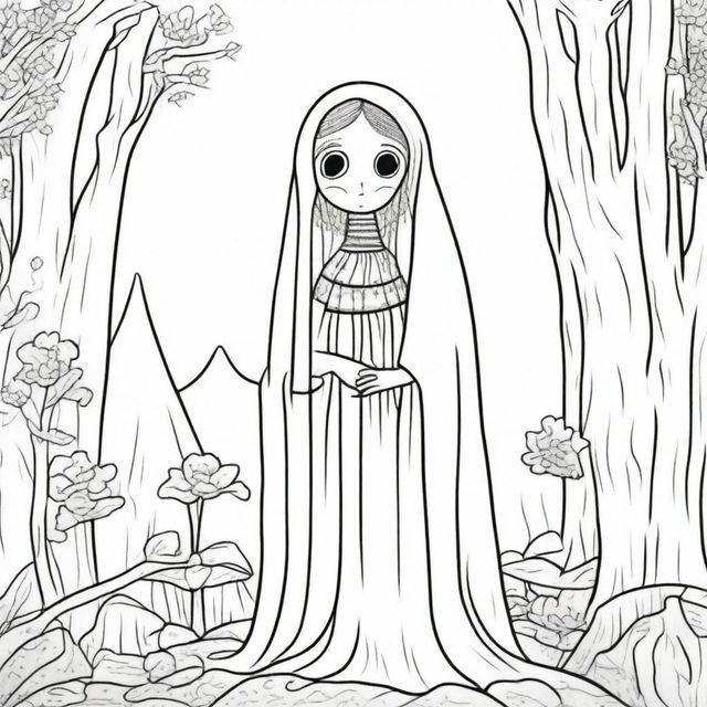 A simple line drawing of the character La Llorona, designed in a way that is suitable for children