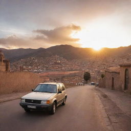 A car driving out of Cusco, Peru, in the late afternoon. The sun is setting, lighting up the historical city with warm hues.