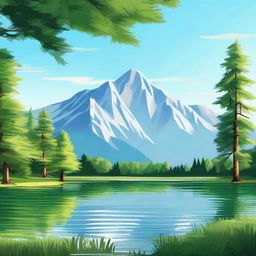 A beautiful landscape featuring a serene lake surrounded by lush green trees and mountains in the background under a clear blue sky