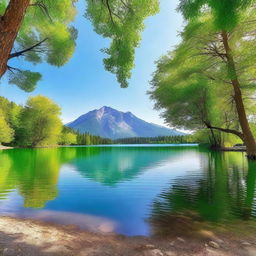 A beautiful landscape featuring a serene lake surrounded by lush green trees and mountains in the background under a clear blue sky