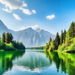 A beautiful landscape featuring a serene lake surrounded by lush green trees and mountains in the background under a clear blue sky