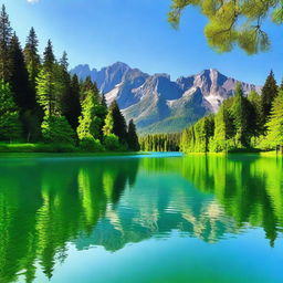 A beautiful landscape featuring a serene lake surrounded by lush green trees and mountains in the background under a clear blue sky