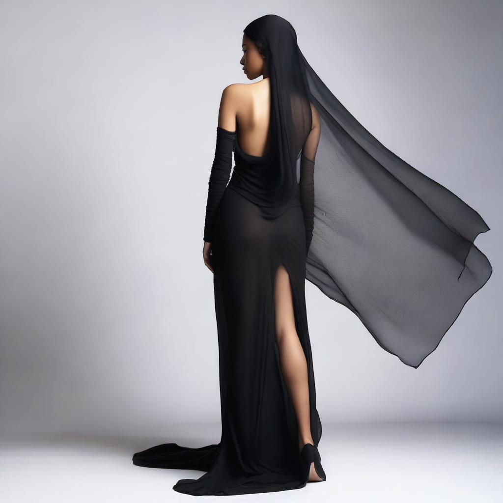 A high-resolution studio photo shoot featuring a young woman in a black, tight-fitting, closed dress with a high slit