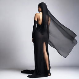 A high-resolution studio photo shoot featuring a young woman in a black, tight-fitting, closed dress with a high slit