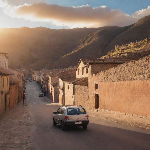 A car driving out of Cusco, Peru, in the late afternoon. The sun is setting, lighting up the historical city with warm hues.