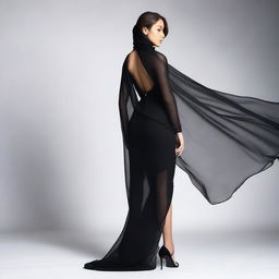 A high-resolution studio photo shoot featuring a young woman in a black, tight-fitting, closed dress with a high slit