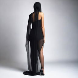 A high-resolution studio photo shoot featuring a young woman in a black, tight-fitting, closed dress with a high slit