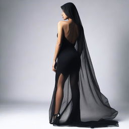 A high-resolution studio photo shoot featuring a young woman in a black, tight-fitting, closed dress with a high slit