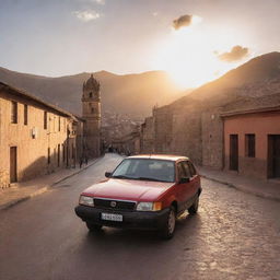 A car driving out of Cusco, Peru, in the late afternoon. The sun is setting, lighting up the historical city with warm hues.