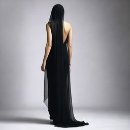 A high-resolution studio photograph of a young woman in a black, tight-fitting, closed dress with a high slit