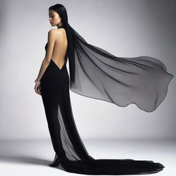 A high-resolution studio photograph of a young woman in a black, tight-fitting, closed dress with a high slit