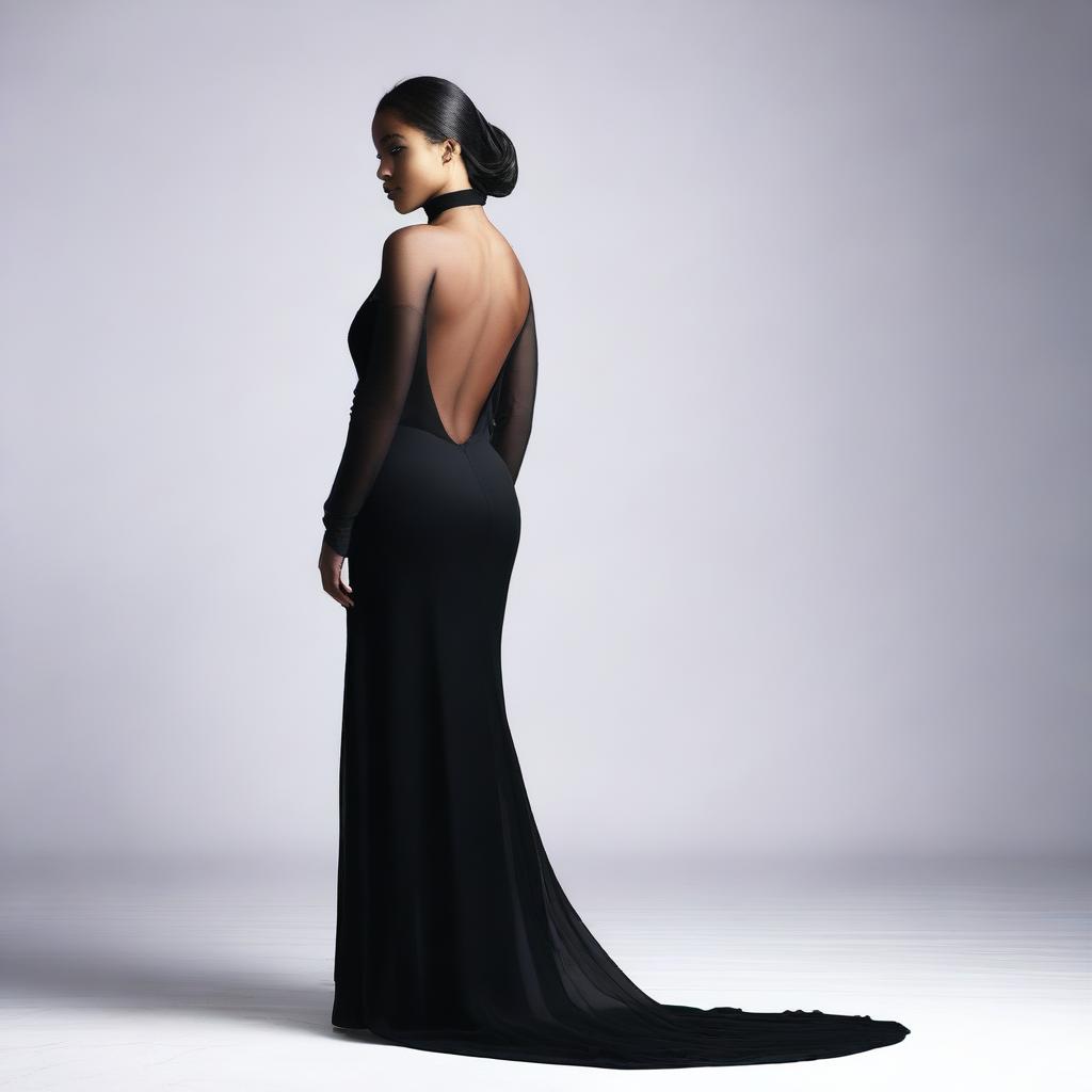 A studio photograph in 4K resolution of a young woman in a black, form-fitting, closed dress with a high slit, standing with her back to the viewer and slightly turned to the side