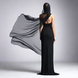 A studio photograph in 4K resolution of a young woman in a black, form-fitting, closed dress with a high slit, standing with her back to the viewer and slightly turned to the side