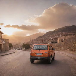 A car driving out of Cusco, Peru, in the late afternoon. The sun is setting, lighting up the historical city with warm hues.