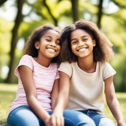 Create a heartwarming image of two sisters spending time together, enjoying a sunny day in a beautiful park