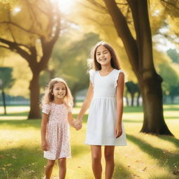 Create a heartwarming image of two sisters spending time together, enjoying a sunny day in a beautiful park