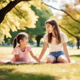 Create a heartwarming image of two sisters spending time together, enjoying a sunny day in a beautiful park