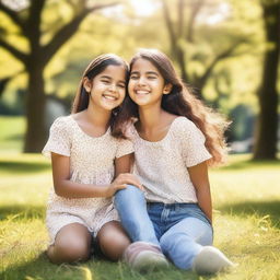 Create a heartwarming image of two sisters spending time together, enjoying a sunny day in a beautiful park