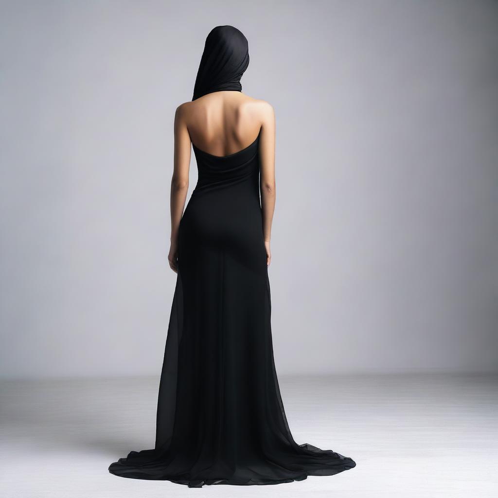 Studio photo in 4K resolution of a young woman in a black, form-fitting, high-slit dress, standing with her back to the viewer in a half-turn