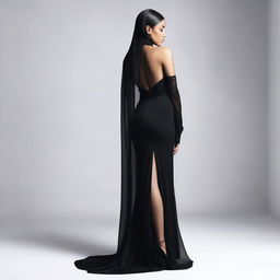 Studio photo in 4K resolution of a young woman in a black, form-fitting, high-slit dress, standing with her back to the viewer in a half-turn