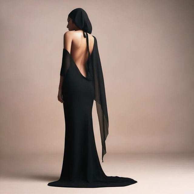 Studio photo in 4K resolution of a young woman in a black, form-fitting, high-slit dress, standing with her back to the viewer in a half-turn